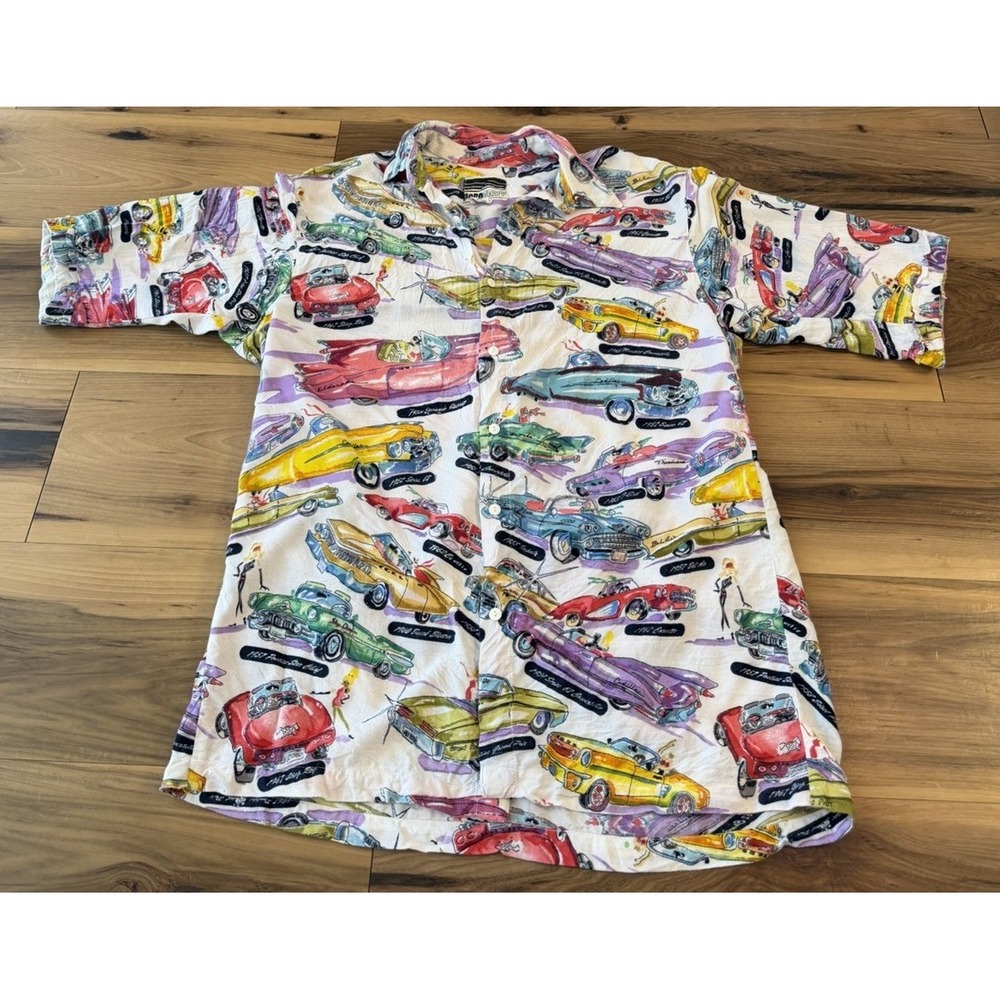 Paragraff Mens L Classic Car Print Button Shirt Cadillac Hot Rod Rockabilly